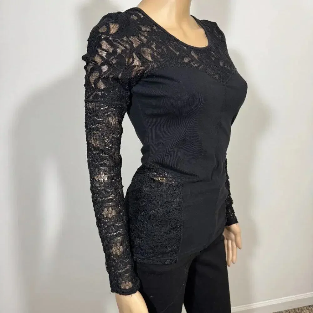 Free People Sweet Thang Blouse Black Lace Top XS Coquette Biker Grunge